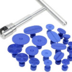 Metalen uitdeuker voor uitdeuken van auto, boot of caravan. Met trekker met 18 blauwe lijmtabs.