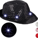 pailletten hoed - 6 knipperende LEDs - one size - feesthoed glitter - carnaval - partyhoed - fedora hoed - zwart